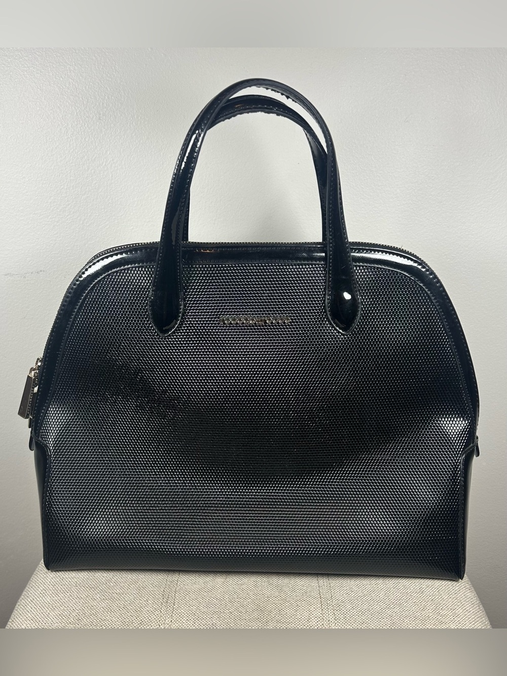 RoccoBarocco Black Handbag Purse Logo Black Textured Monogram Lined EUC